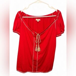 Max Studio Red Peasant Blouse with Tassel and Embroidered Detail Size XS